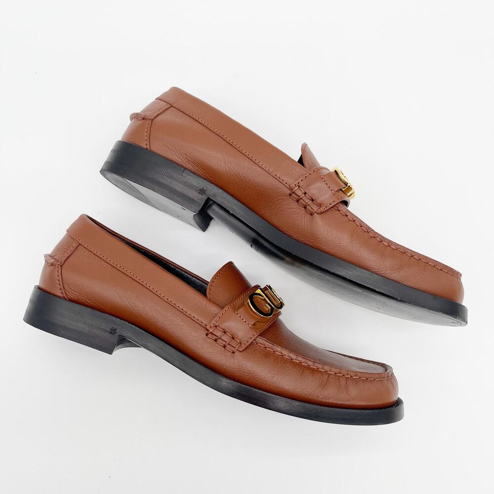 Gucci Cara Brown Pebbled Leather Gold Logo Hardware Loafers EU 38 - Picture 3 of 12